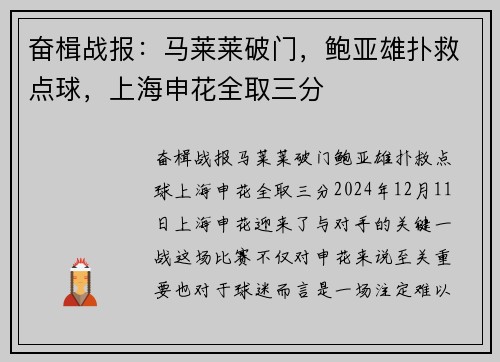 奋楫战报：马莱莱破门，鲍亚雄扑救点球，上海申花全取三分